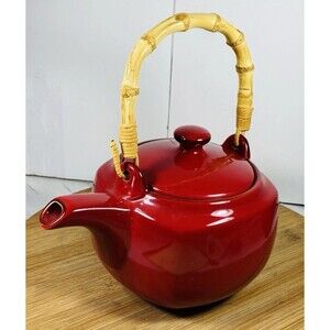 Vintage Southern Living At Home Red Harmony Old Porcelain Teapot w Bamboo Handle